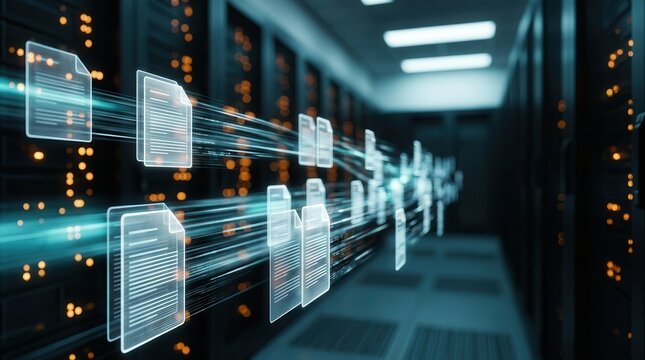 Information security and digital data stream with holographic document symbols in a dark server aisle.