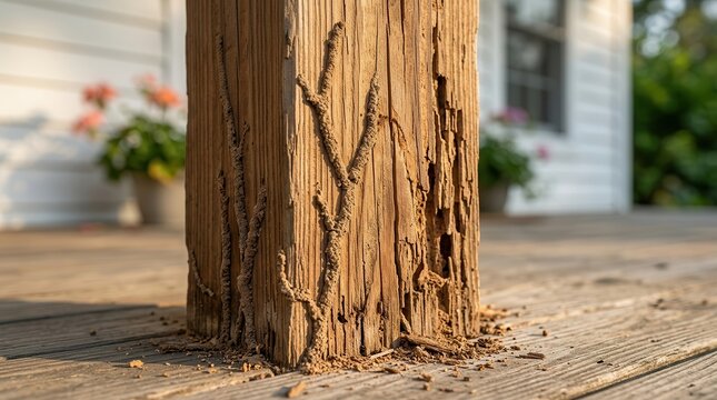 Close up of wood decay and termite damage on a house porch pillar.