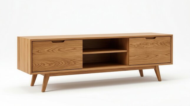 A modern wooden media console and TV stand with shelves for home furniture decor.