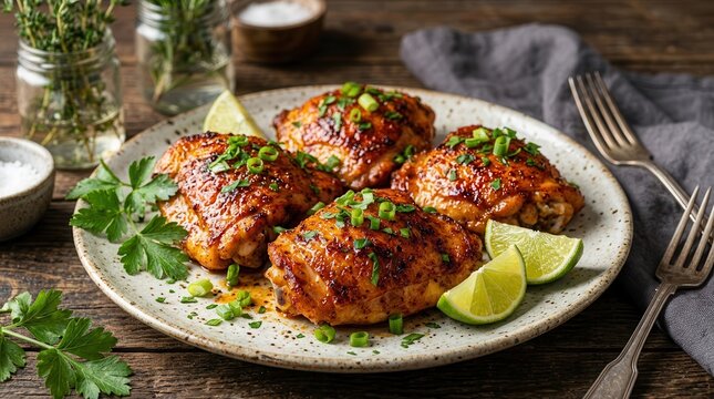 Gourmet roasted chicken thighs with paprika spices and fresh lime garnish.