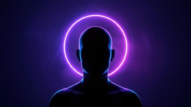 Neon glowing outline of a human silhouette against a dark background in a futuristic identity theme.