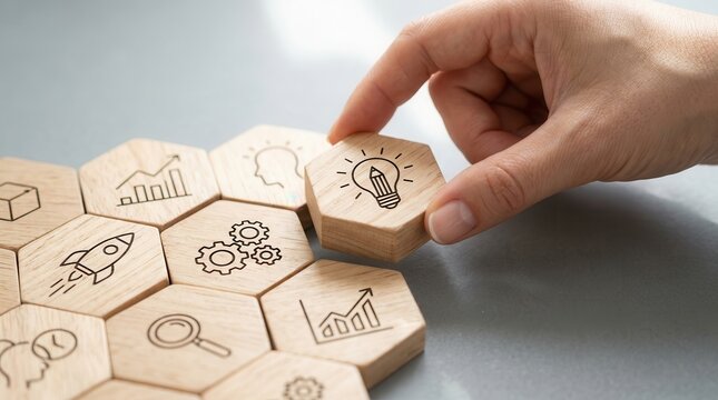 Strategic development and innovation process illustrated through hexagonal wooden blocks and icons.