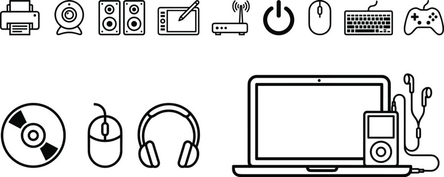 Computer Hardware And Digital Device Line Icons Collection With Technology Accessories And Electronic Equipment Symbols