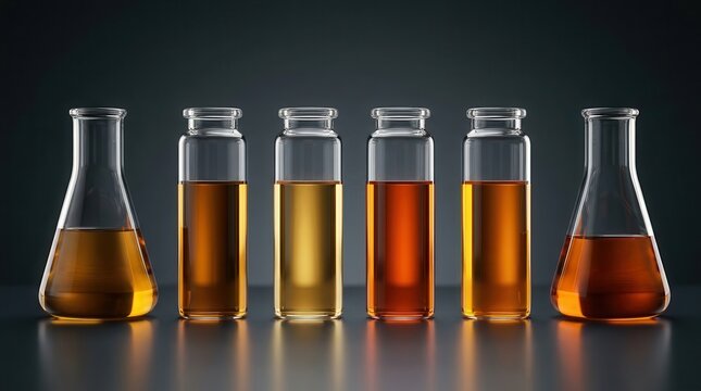 Scientific research of chemical properties and substances using glass flasks and vials in a laboratory.