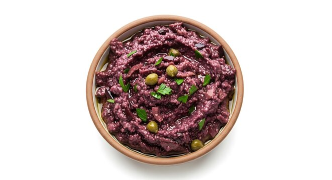 Bowl of olive tapenade with parsley and capers isolated on white background