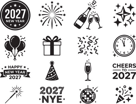 A festive collection of 2027 New Year celebration icons with fireworks champagne balloons gift box confetti clock party hat sparkler disco ball and celebratory text for holiday designs