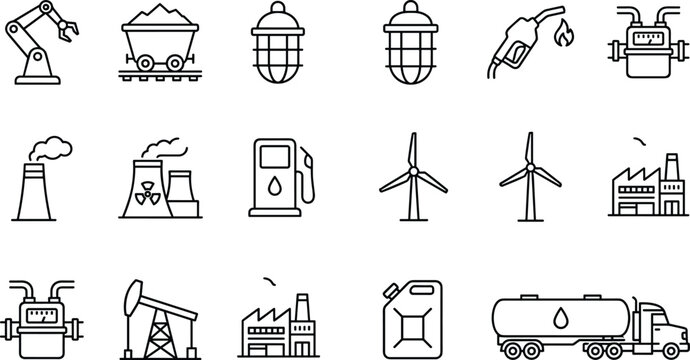 Energy Industry And Power Production Line Icons Collection With Oil Gas Factory And Renewable Resources Symbols