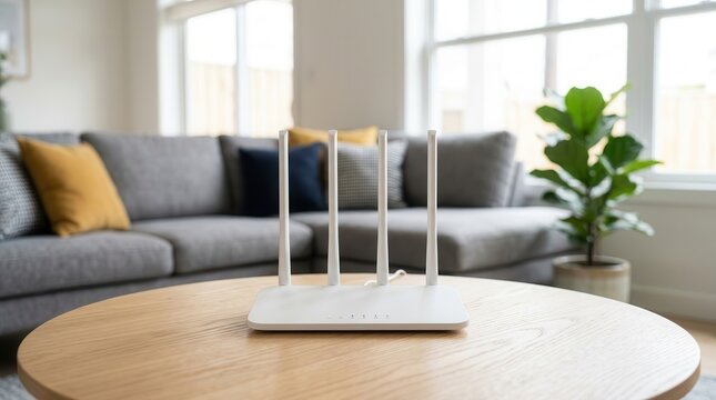 Modern wireless router sitting on a wooden coffee table in a bright living space.