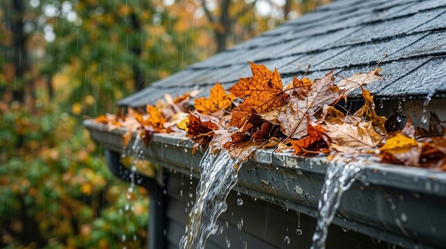 Wet roof drain pipe overflowing with water and autumn leaves in rain.