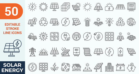 Solar energy and renewable green power line icons mega set. Vector illustration of photovoltaic panel system, sustainable eco electricity, battery cell storage, sun clean environment, editable stroke. © MuhammedMustafizur