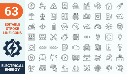 Electrical energy and power generation line icons mega set. Vector illustration of renewable green energy solar panel wind turbine, electric car vehicle charging station, electricity grid tower.. © MuhammedMustafizur