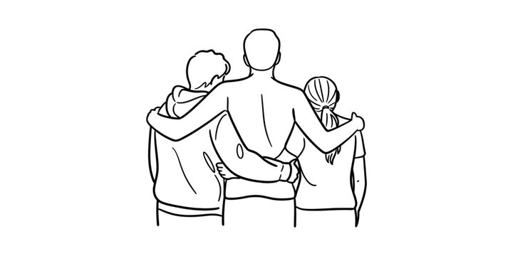 Three people standing together with arms around each other, showing unity and support