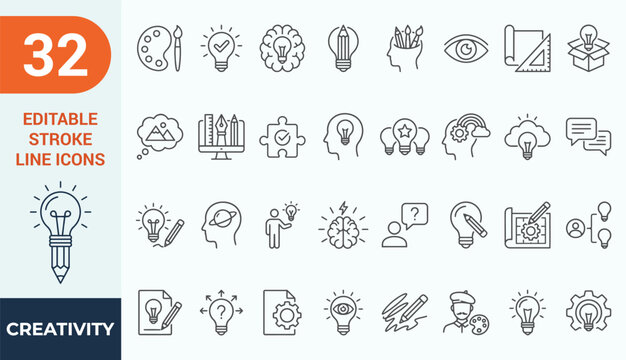 Creativity and design thinking line icons set. Vector illustration of creative innovation, idea bulb pencil, brain storming process, artwork blueprint sketch, outline symbol, editable stroke.