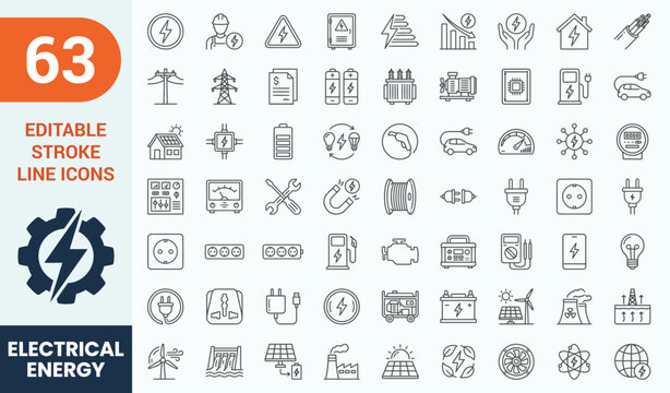 Electrical energy and power generation line icons mega set. Vector illustration of renewable green energy solar panel wind turbine, electric car vehicle charging station, electricity grid tower..
