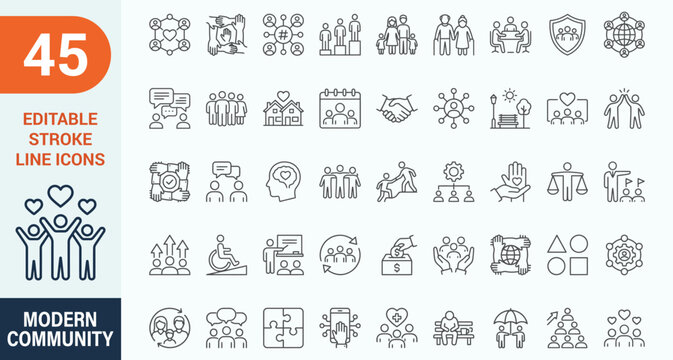 Modern community and social work line icons mega set. Vector illustration of charity donation, non profit organization, volunteers teamwork, disabled accessibility help, diversity equity, outline