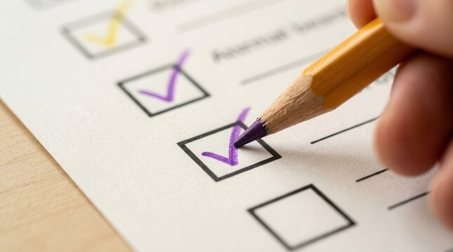 Close up of a yellow pencil marking a checklist used for assessing project outcomes and continuous improvement.