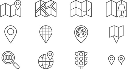 Map Navigation And Location Line Icons Collection With GPS Route Travel And Direction Symbols © Moriom