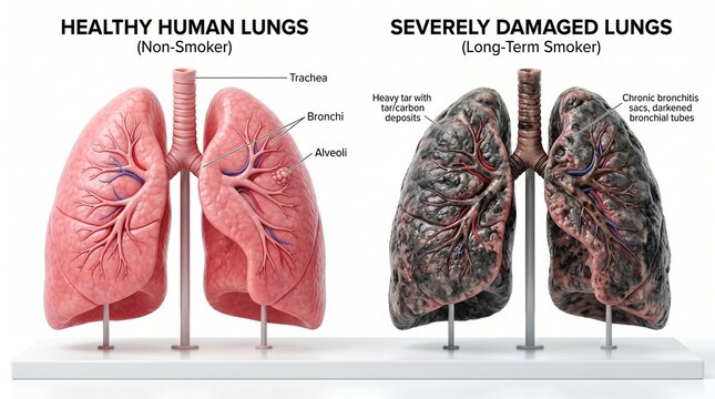 Hyper-realistic medical comparison of healthy pink human lungs and severely damaged smoker lungs side by side, isolated on clean white background