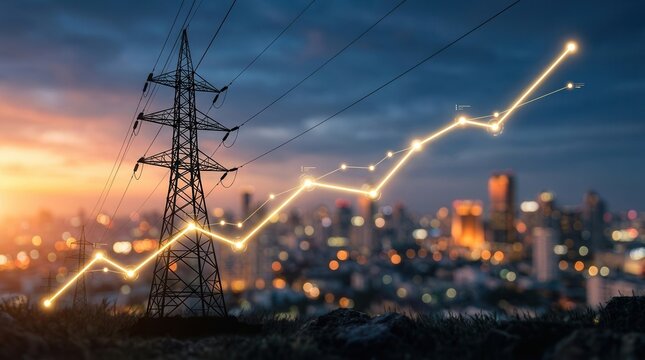 A silhouette of a transmission tower against a city skyline with a bright line of growth.