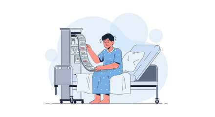 Fototapeta premium Worried Patient in Hospital Gown Examines Long List of Medical Test Results Issued by Machine, Healthcare Concept