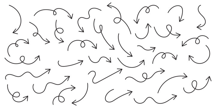Hand drawn line arrows icons set.Hand drawn arrows vector set. Squiggly arrows doodle set. Curve and Spiral comic symbols in sketch style. Hand drawn vector illustration isolated on white background.