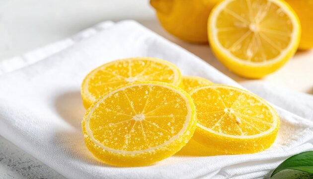 Bright yellow crystallized lemon slices with a glossy finish scattered on a textured white linen napkin, showcasing vibrant citrus freshness