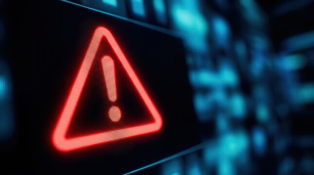 A digital warning error symbol on a computer screen signaling a cybersecurity threat and data breach.