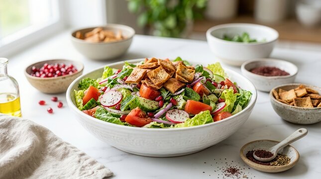 Delicious Syrian Fattoush salad with pita croutons and pomegranate seeds.