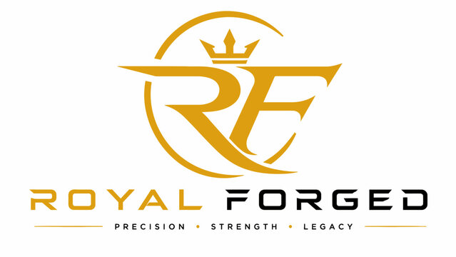Royal forged logo design with crown emblem and tagline featuring gold and black colors on a white background
