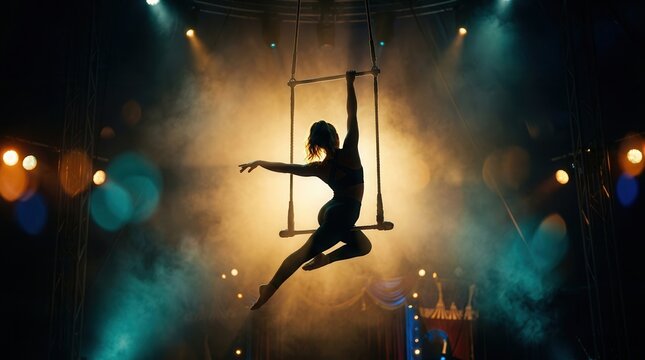 An acrobat in motion during a trapeze aerial routine illuminated by a warm golden spotlight.