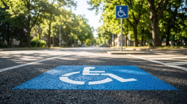 Accessibility symbol for the disabled marked on a vacant parking space.