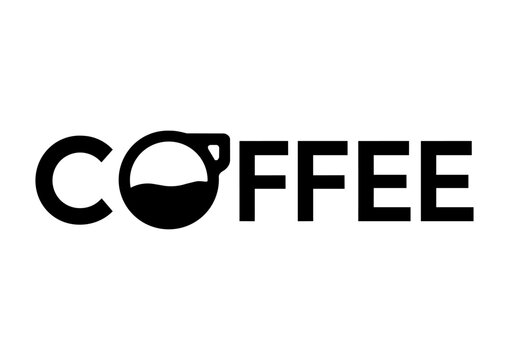 Minimalist coffee typography logo featuring a creatively integrated coffee cup inside the lettering. Bold black and white vector design with clean geometric shapes