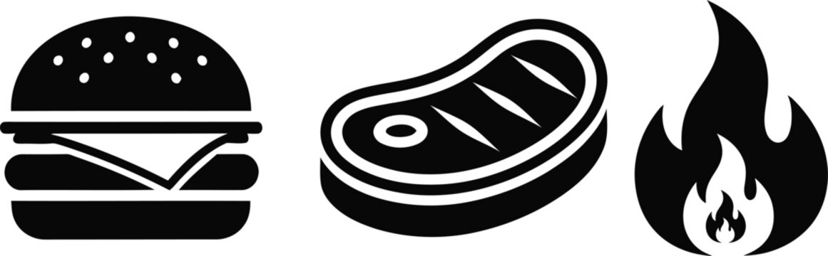 Black and white icons of a hamburger steak and flame