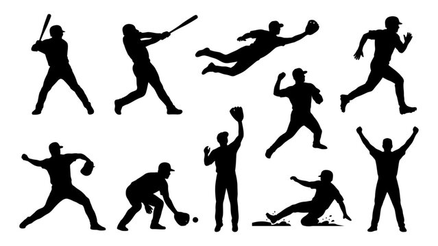 Baseball player silhouettes set with batting pitching fielding and running actions