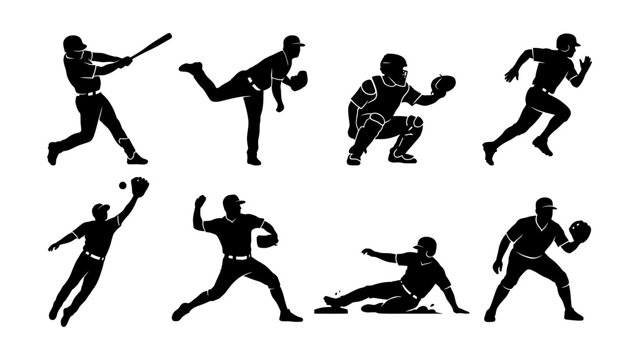Baseball player silhouettes set with pitcher batter catcher and fielder vector icons for sports design and athletic branding