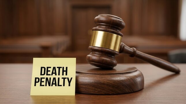 Courtroom scene with a gavel and a note representing the death penalty and capital punishment.