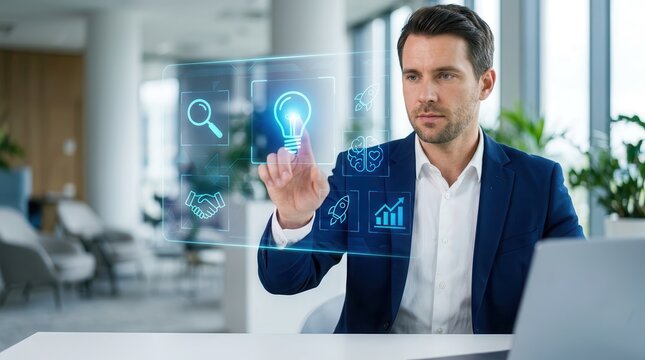 Business professional engaging with digital icons of a design thinking and innovation methodology.