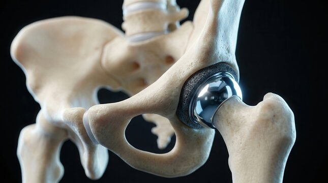 Detailed anatomical illustration of a human hip joint with a surgical prosthetic ball and socket.
