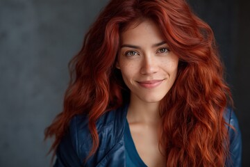 Fototapeta premium Woman with red hair smiling in neutral indoor setting