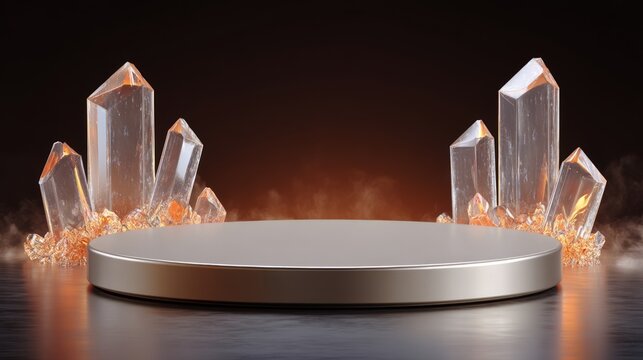 Elegant Crystal Cluster Display with Circular Platform and Warm Lighting