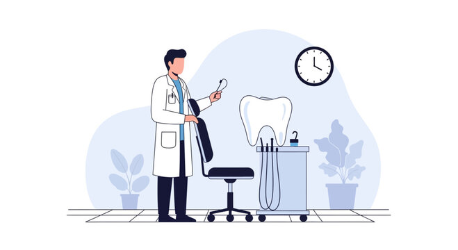 Dentist in examination room with patient chair and tools by giant tooth