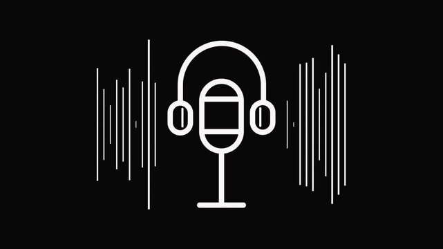 Podcasting equipment microphone with headphones on black background sound waves audio equipment.
