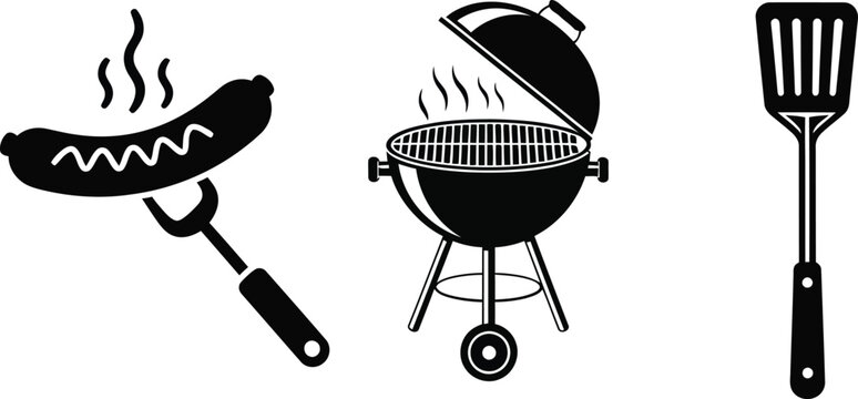 Barbecue tools and food icon set grill sausage and spatula