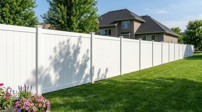 Contemporary white vinyl fencing installed in a beautiful suburban residential landscape.