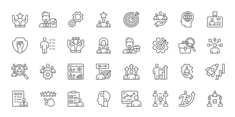 Obraz premium Employee Evaluation icons in line design. employee evaluation, performance review, staff, rating, feedback, assessment, HR on white background vector. Employee Evaluation editable stroke icons.
