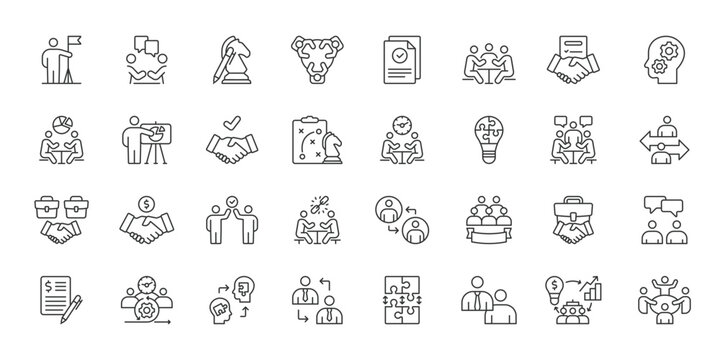 Business Negotiations icons in line design. business negotiations, meeting, deal, agreement, handshake, contract, discussion on white background vector. Business Negotiations editable stroke icons.