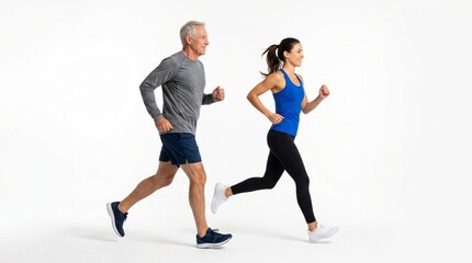 Fototapeta premium Active senior man and young woman running together in studio against white background for fitness and health concept