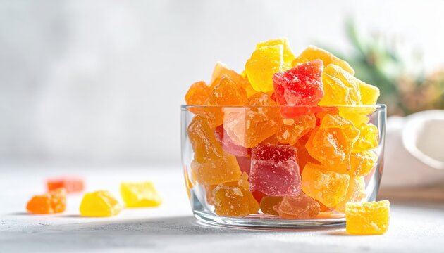 Candied pineapple cubes glistening and sweet piled in a clear glass bowl, a vibrant and delicious dessert.