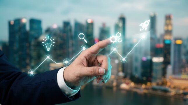 Digital roadmap for new product development process showing ideation and launching stages on a virtual screen.