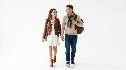 Fototapeta premium Young couple holding hands walking together wearing casual autumn clothes and backpacks on white background